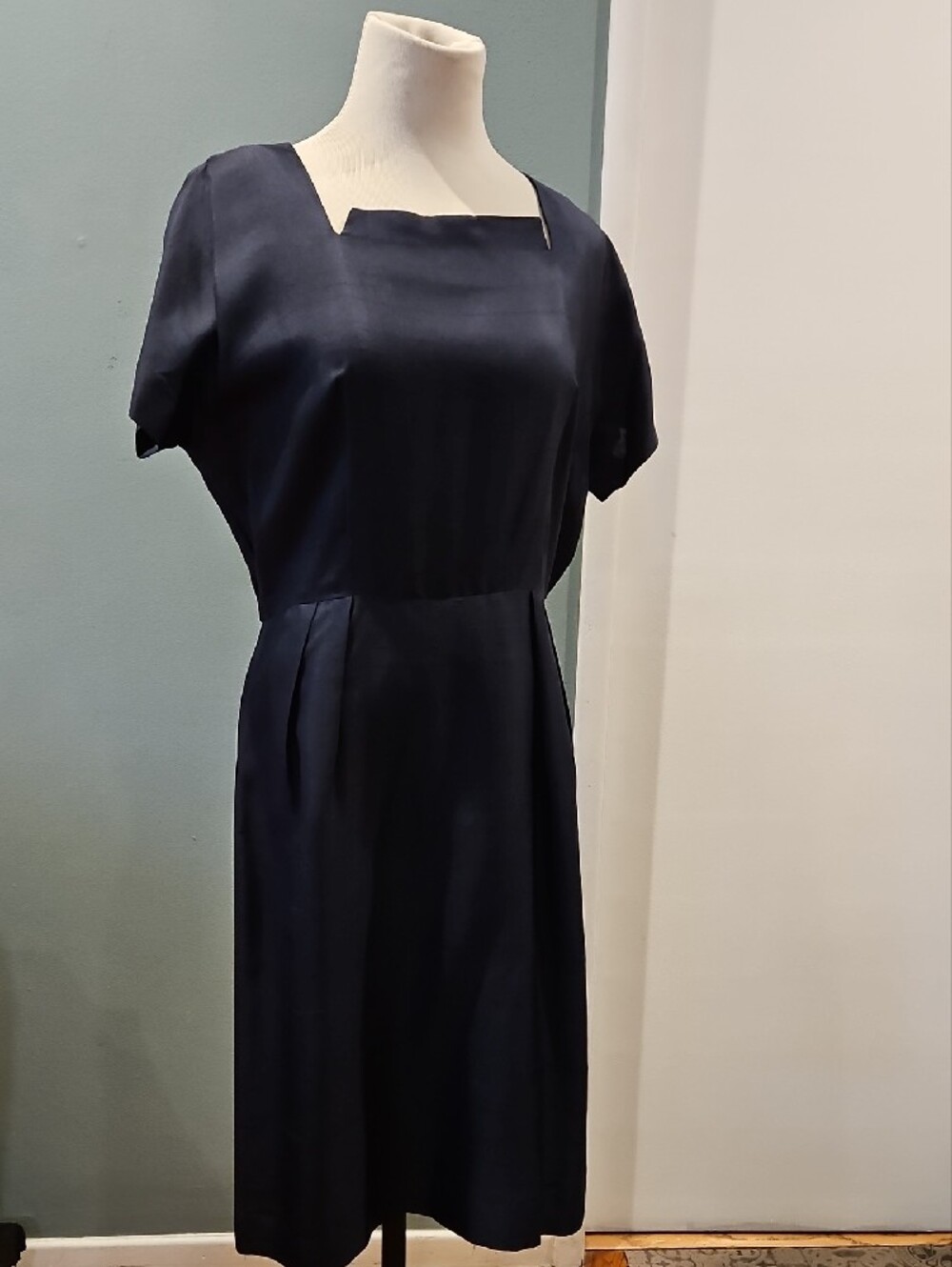 Silk Vintage Navy Square-Neck Short-Sleeve Dress 0279